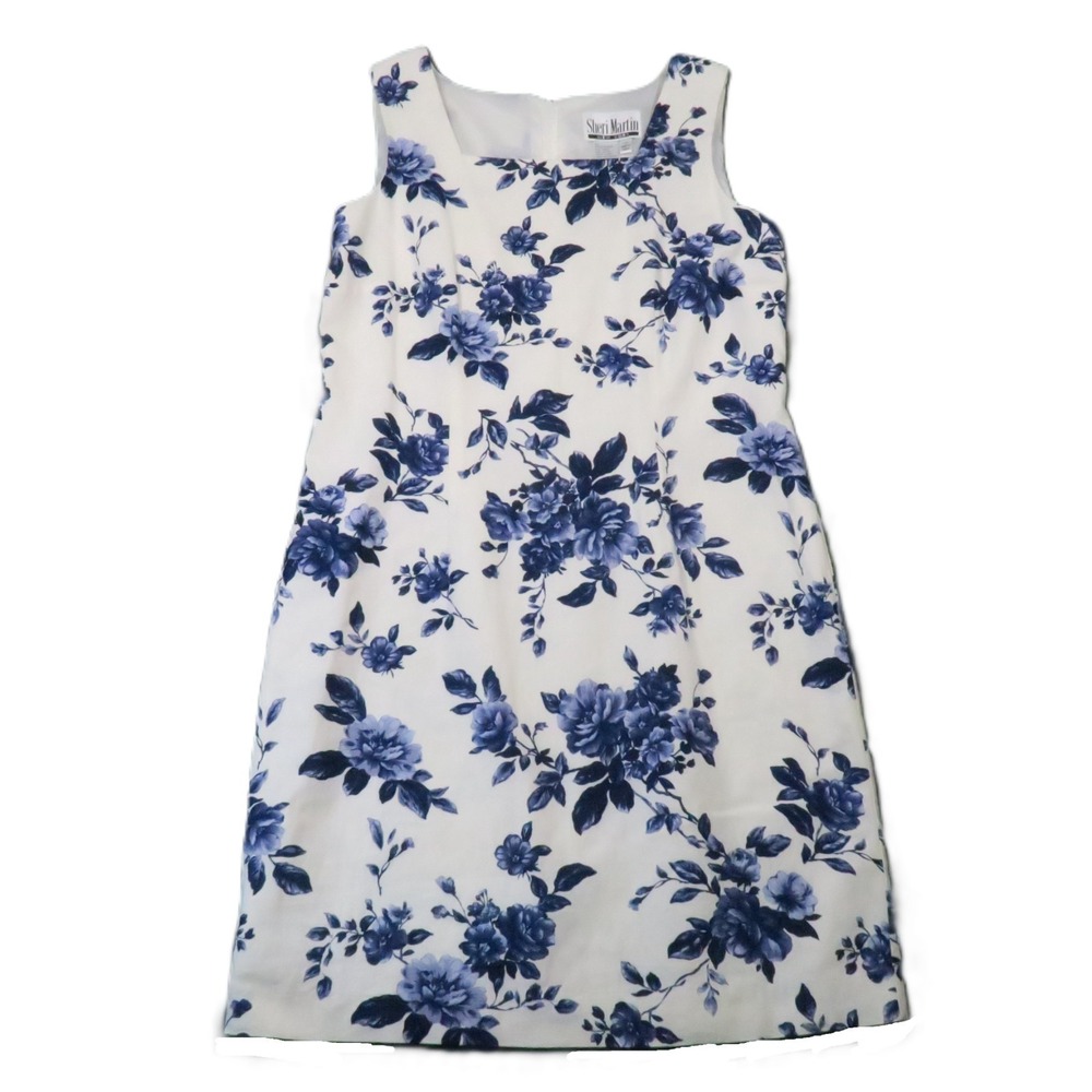 Sheri Martin Floral Linen Sheath Dress 12 Blue White Wedding Guest Cottagecore